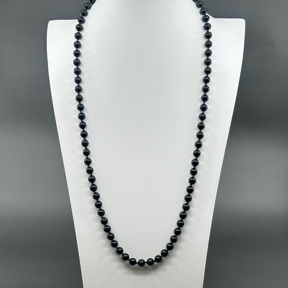 Black Graduated Round Bead Necklace Gold Tone Clasp Gothic Statement Vintage 30"